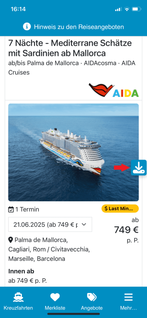 Reisesuche speichern