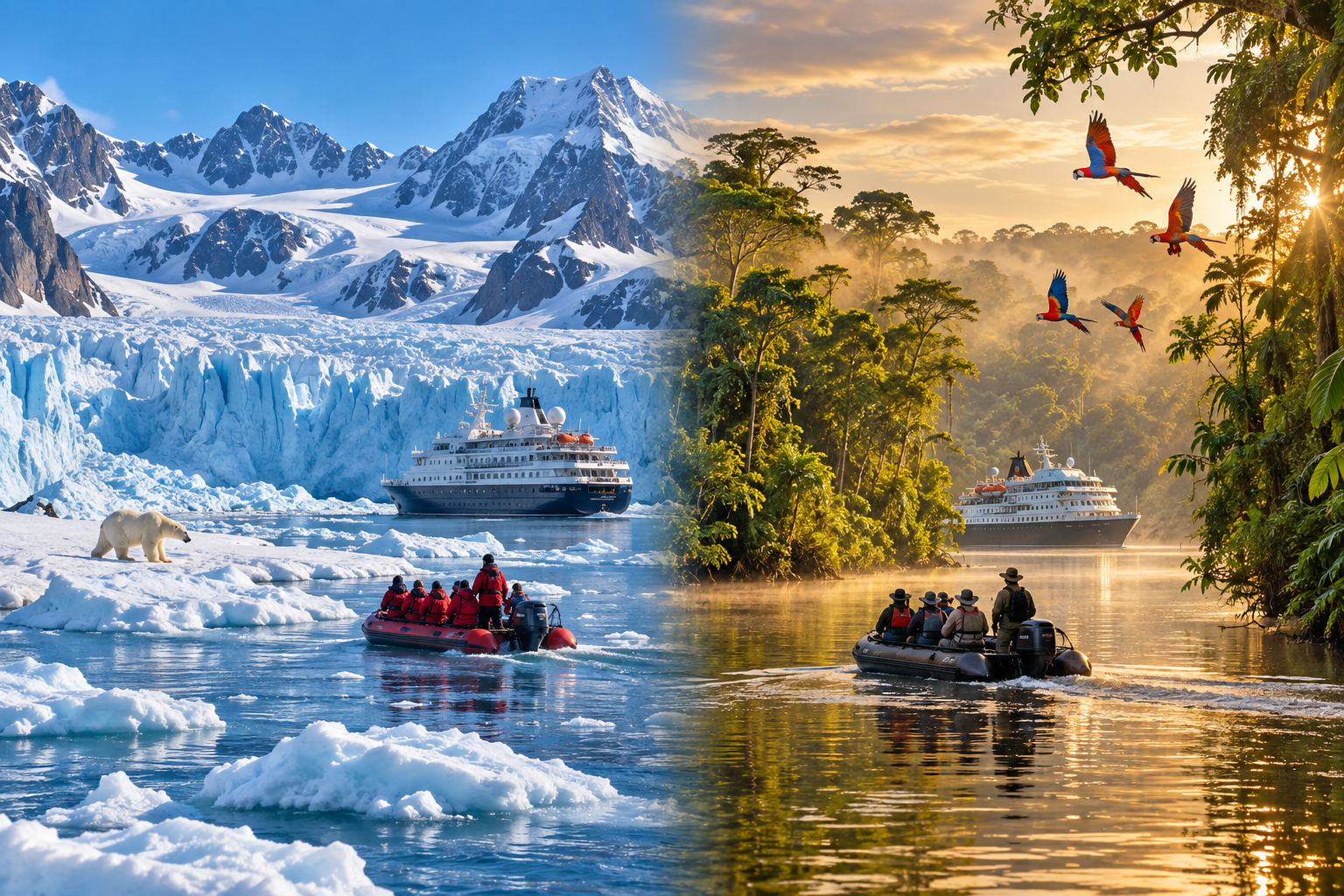 Expeditionskreuzfahrt in Arktis und Amazonas: Expeditionsschiff vor Gletscher mit Eisbär und Schiff im Regenwald mit Aras