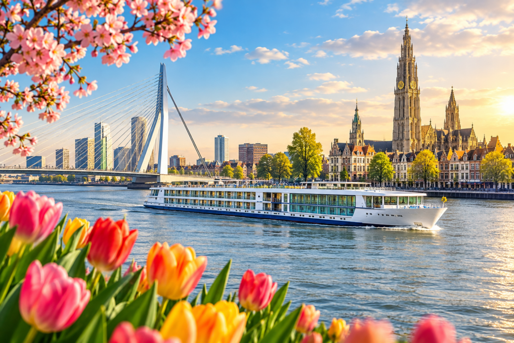 Flusskreuzfahrtschiff auf dem Rhein im Frühling