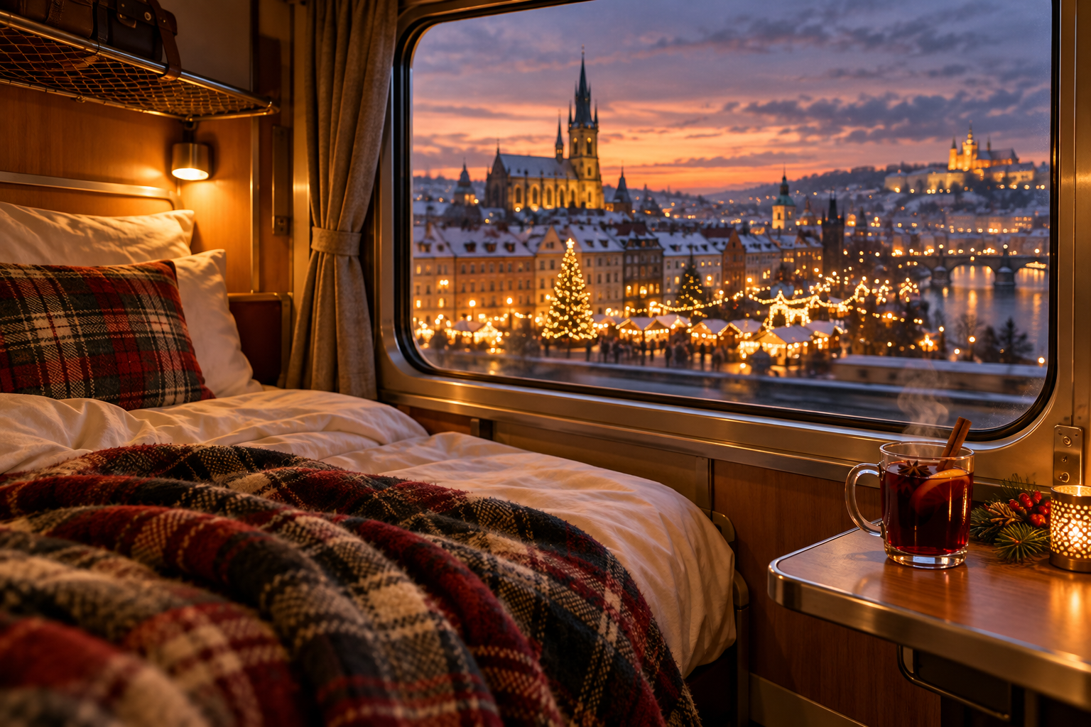 Gemütliches Nachtzugabteil bei Nacht mit Blick auf eine winterliche Stadt mit Weihnachtsmarktlichtern