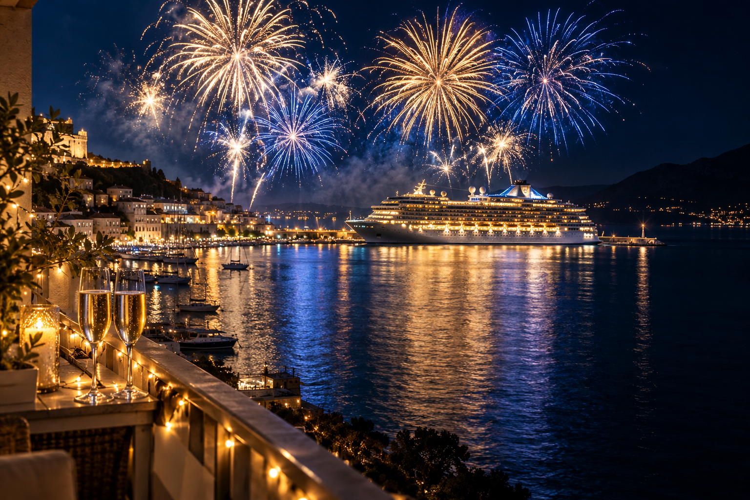 Silvesterfeuerwerk über nächtlichem Hafen